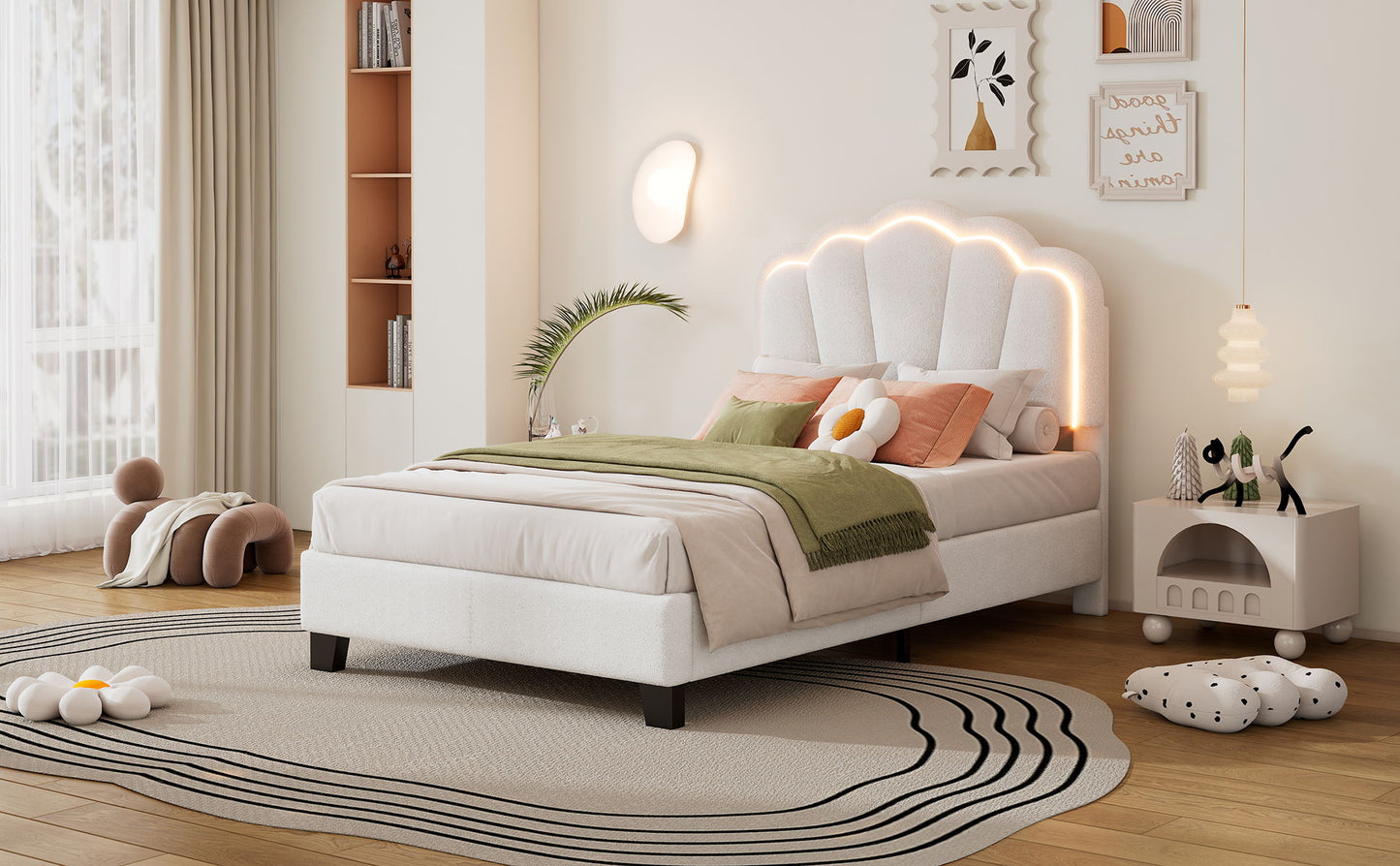 Twin Size Upholstered Flower-Shape Bed, Elegant Flowers Headboard With LED Light Strip, Sherpa Fabric Platform Bed With Slats Support - White