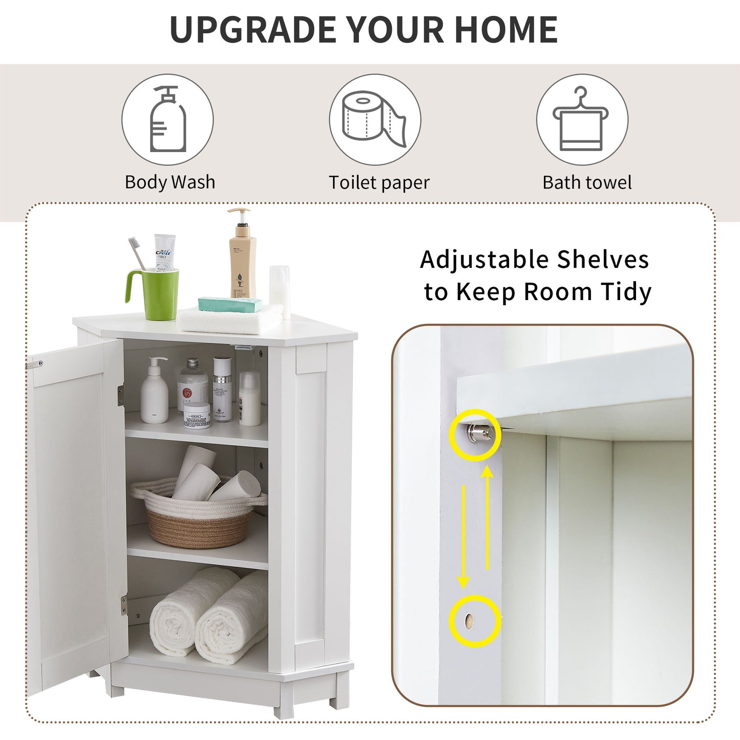 Bathroom Cabinet Triangle Corner Storage Cabinet With Adjustable Shelf Modern Style - White