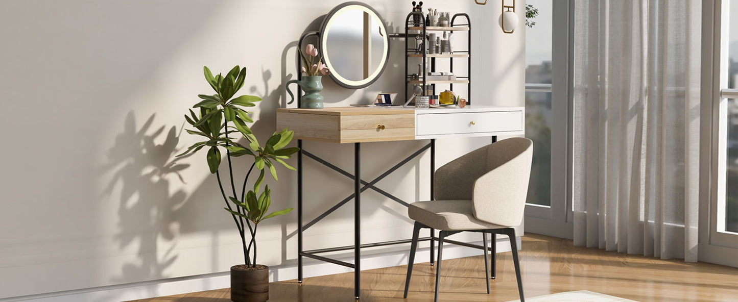 Makeup Vanity Desk With 3-Mode Lighted Mirror & Wireless Charging Station, Vanity Table With Drawer & 3 Open Shelves For Ample Storage Space, Dressing Table For Bedroom - White