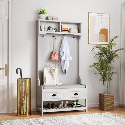 Modern 3 In 1 Hallway Hall Tree With Storage Drawers, Coat Rack, Shoe Rack Bench, And Cushion - Gray
