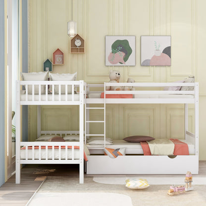 Twin L Shaped Bunk Bed With Drawers - White