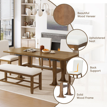Topmax - 6 Piece Farmhouse Extendable Dining Table Set Trestle Kitchen Table Set With Removable Leaf And Upholstered Dining Chair And Bench For Dining Room - Dark Brown