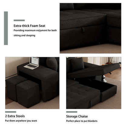 Modern L-Shape 3 Seat Reversible Sectional Couch, Pull Out Sleeper Sofa With Storage Chaise And 2 Stools For Living Room Furniture Set - Charcoal Gray