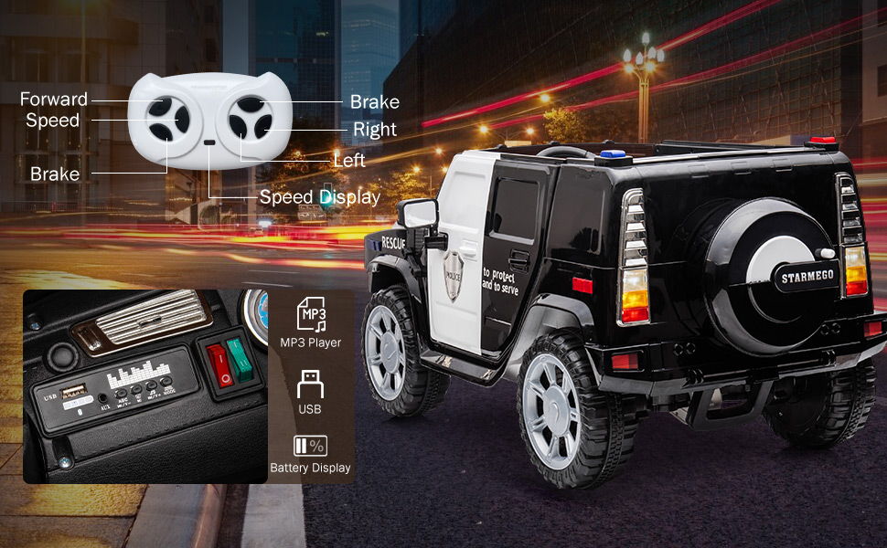 12V7A 30W*2 Four-Wheel Drive Leather Seat One Button Start, Forward And Backward, High And Low Speed, Music, Front Light, Power Display, Two Doors Can Open, 2.4G R / C, Seat Belt Four Wheel Absorber - Black
