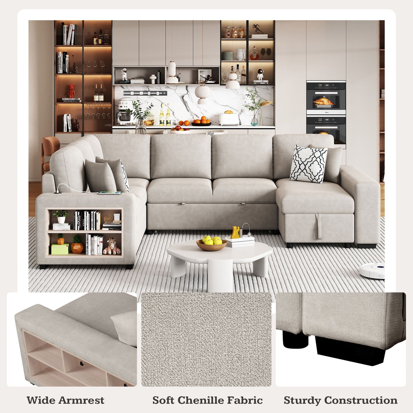 U-Shaped Sectional Sofa Pull-Out Sofa Bed With Two USB Ports, A Storage Chaise Lounge And Four Back Pillows For Living Room - Beige
