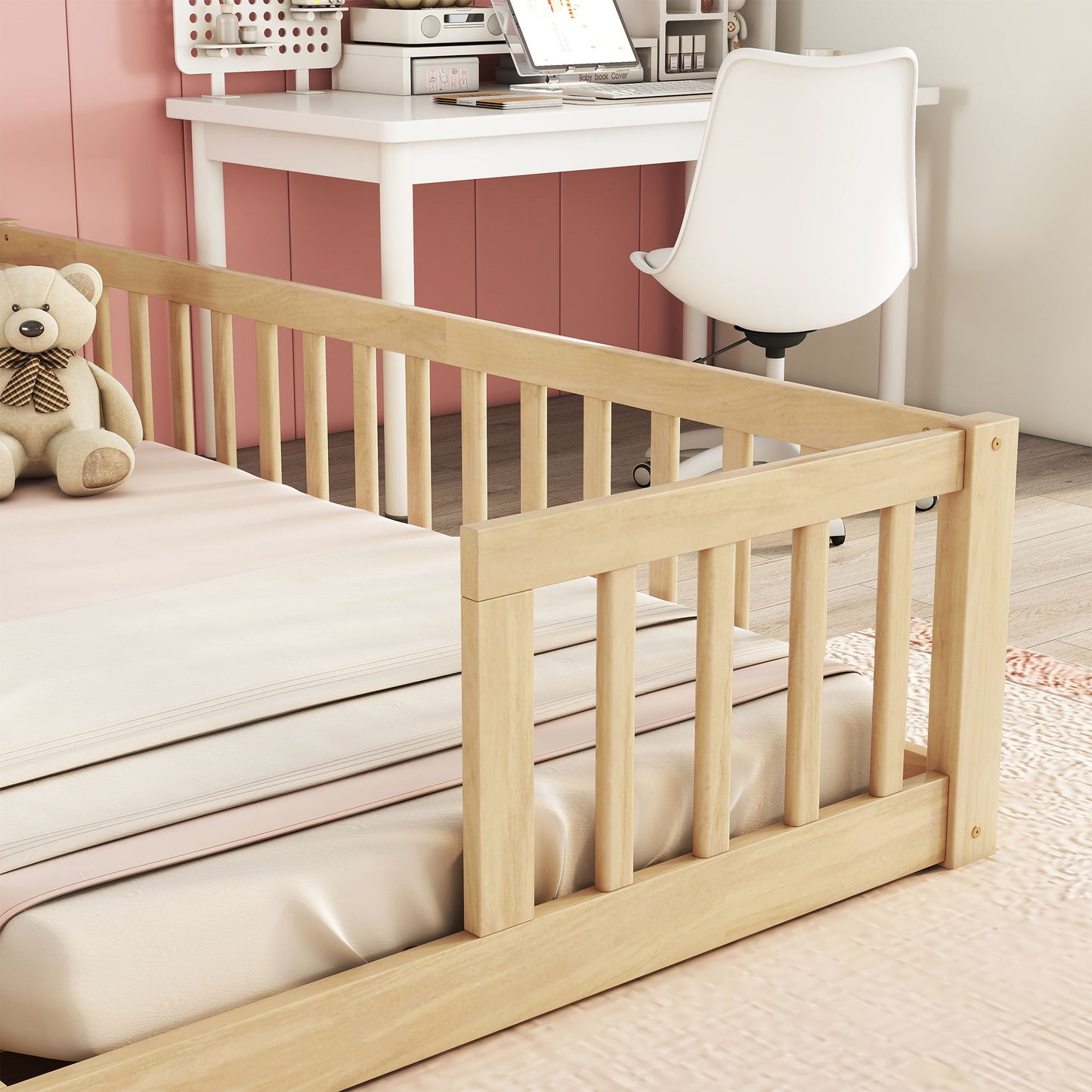 Double Twin Floor Bed With Fence, Guardrails, Without Door - Natural