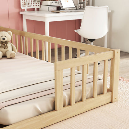 Double Twin Floor Bed With Fence, Guardrails, Without Door - Natural