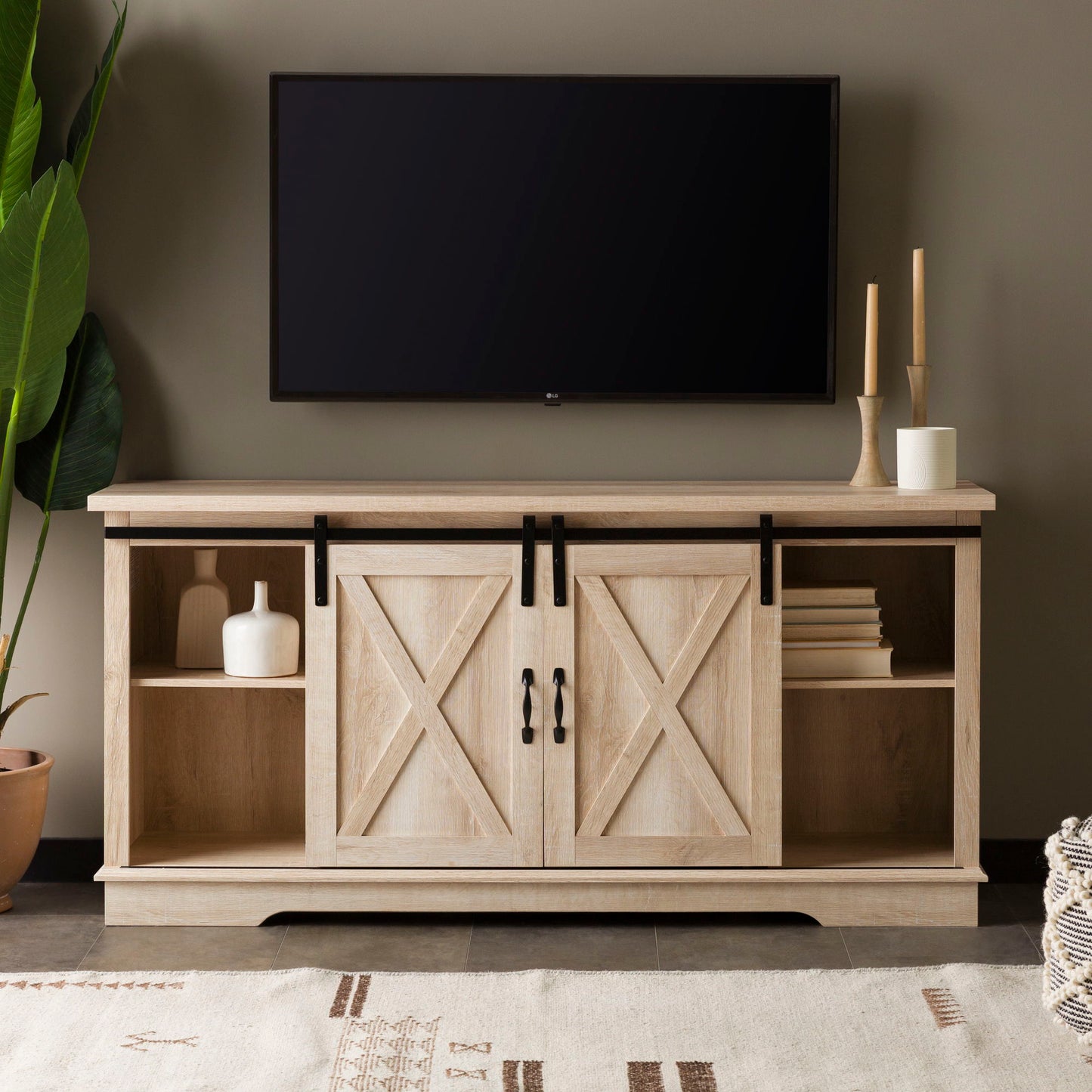 Farmhouse Sliding X Barn Door 58" TV Stand For 65" TVs - Gray Wash