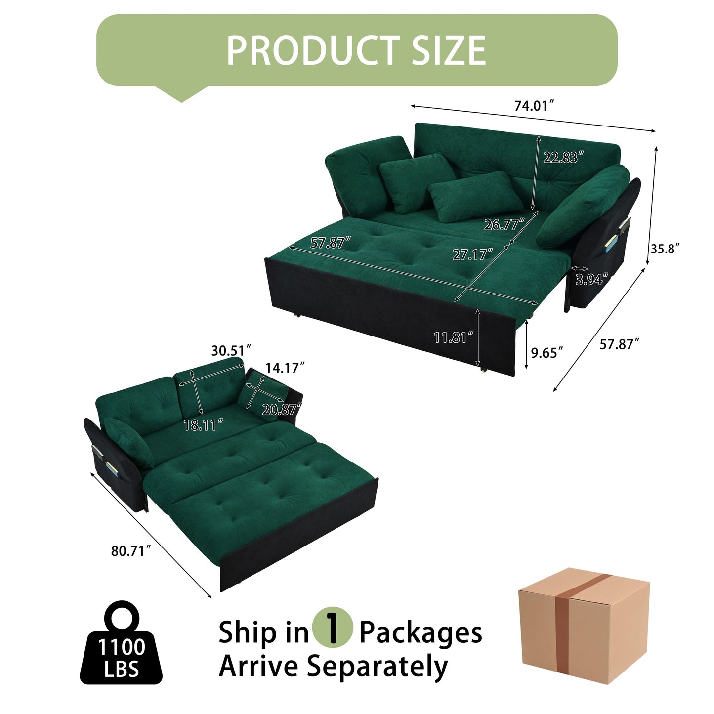 Modern Convertible Sleeper Sofa Bed With Pull Out Queen Design, Side Storage & Thick Cushions Chenille Loveseat For Living Room Or Bedroom 3 In 1 Function - Green