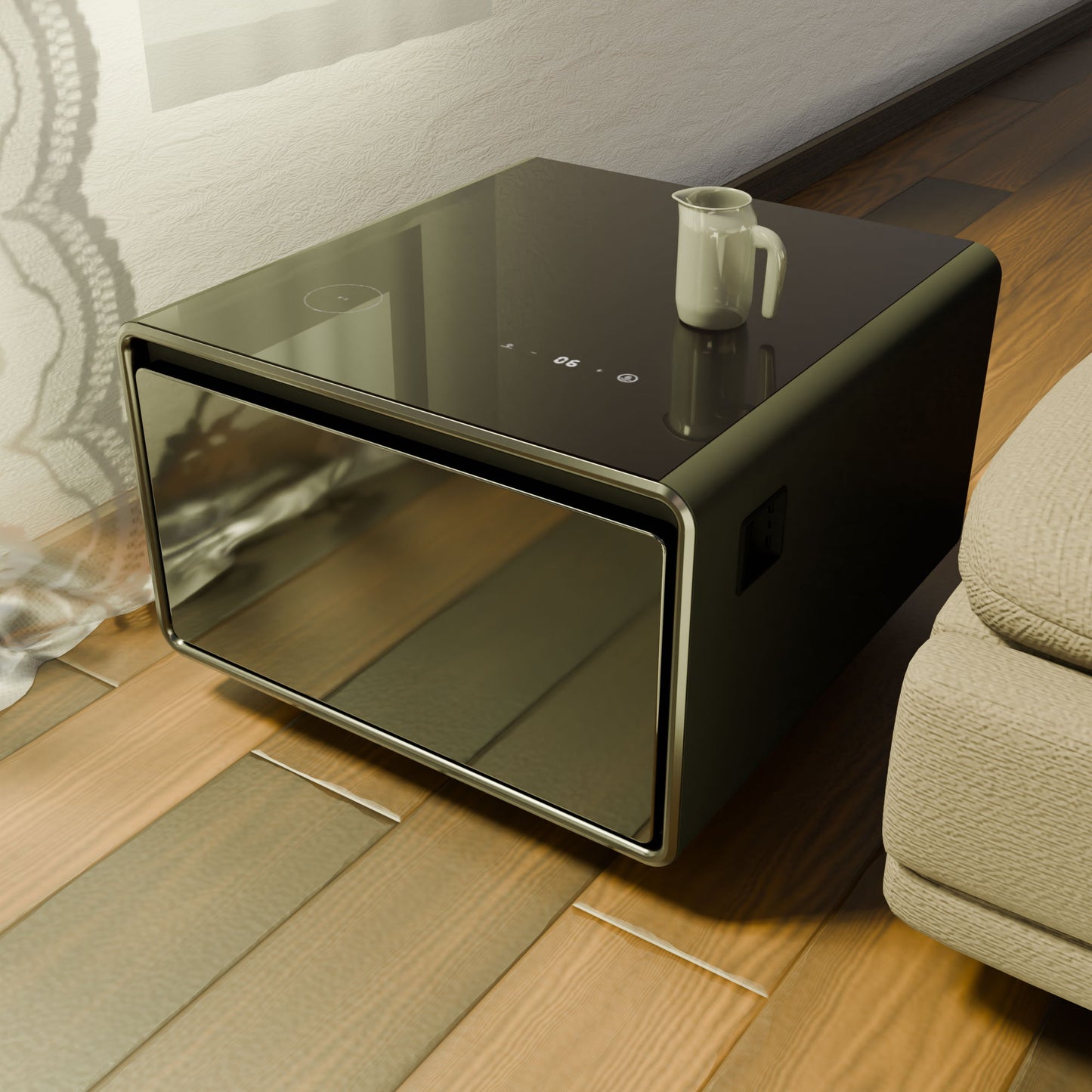 Modern Smart Side Table With Built-In Fridge, Wireless Charging, Temperature Control, Power Socket, USB Ports, Outlet Protection, Induction Light - Black