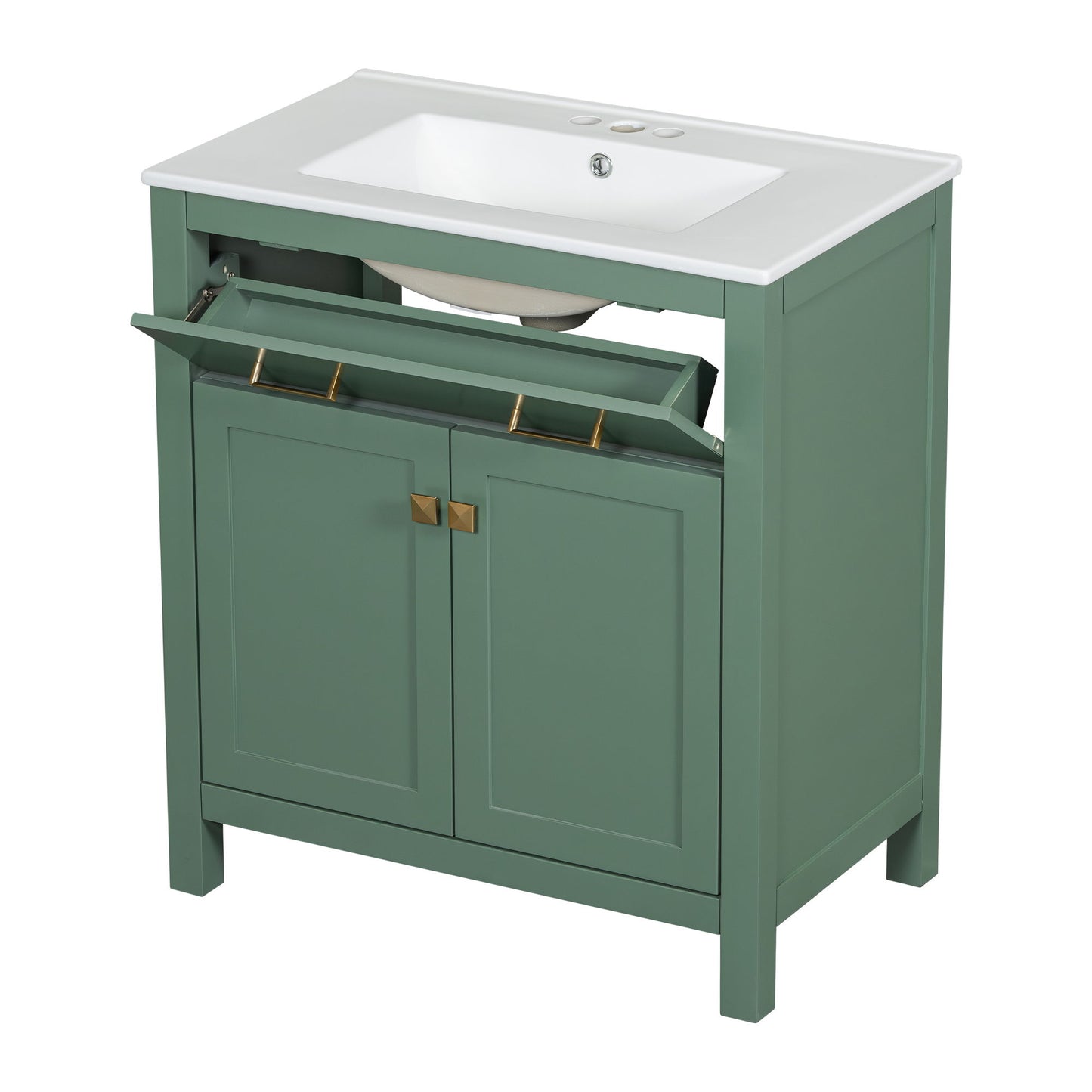 Bathroom Vanity With Ceramic Sink, Modern Single Bathroom Cabinet With 2 Doors And A Shelf, Soft Close Doors - Green