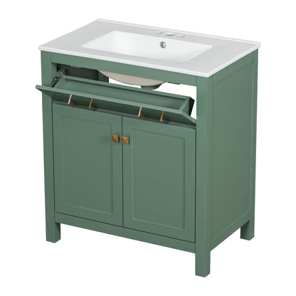 Bathroom Vanity With Ceramic Sink, Modern Single Bathroom Cabinet With 2 Doors And A Shelf, Soft Close Doors - Green