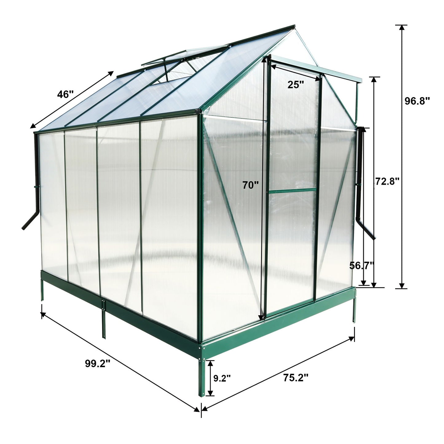 6.3'x8.2'x7' Polycarbonate Greenhouse, Heavy Duty Outdoor Aluminum Walk-In Green House Kit With Rain Gutter, Vent And Door For Backyard Garden - Green