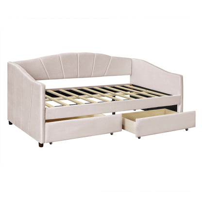Twin Size Upholstered Daybed With Two Drawers And Slat - Beige