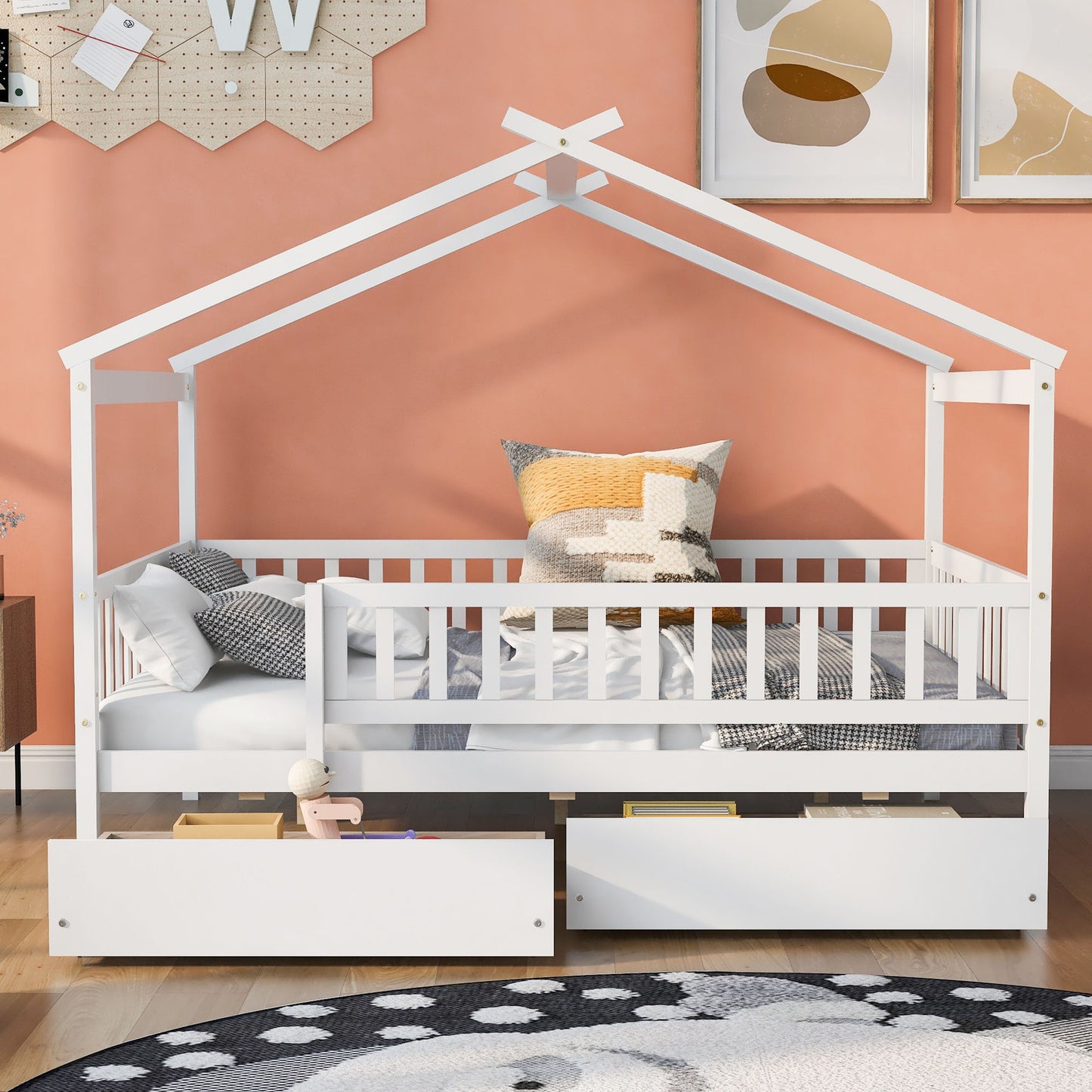 Full Size House Bed With 2 Drawers - White