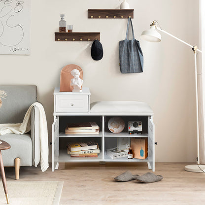 Shoe Storage Bench Cabinet With Fireproof Cushion, Double Doors And Movable Drawer For Door Entrance - White