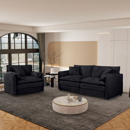 Modern Upholstered Chenille Loveseat And Armchair Set With Pillows, Deep Seat Luxury - Black
