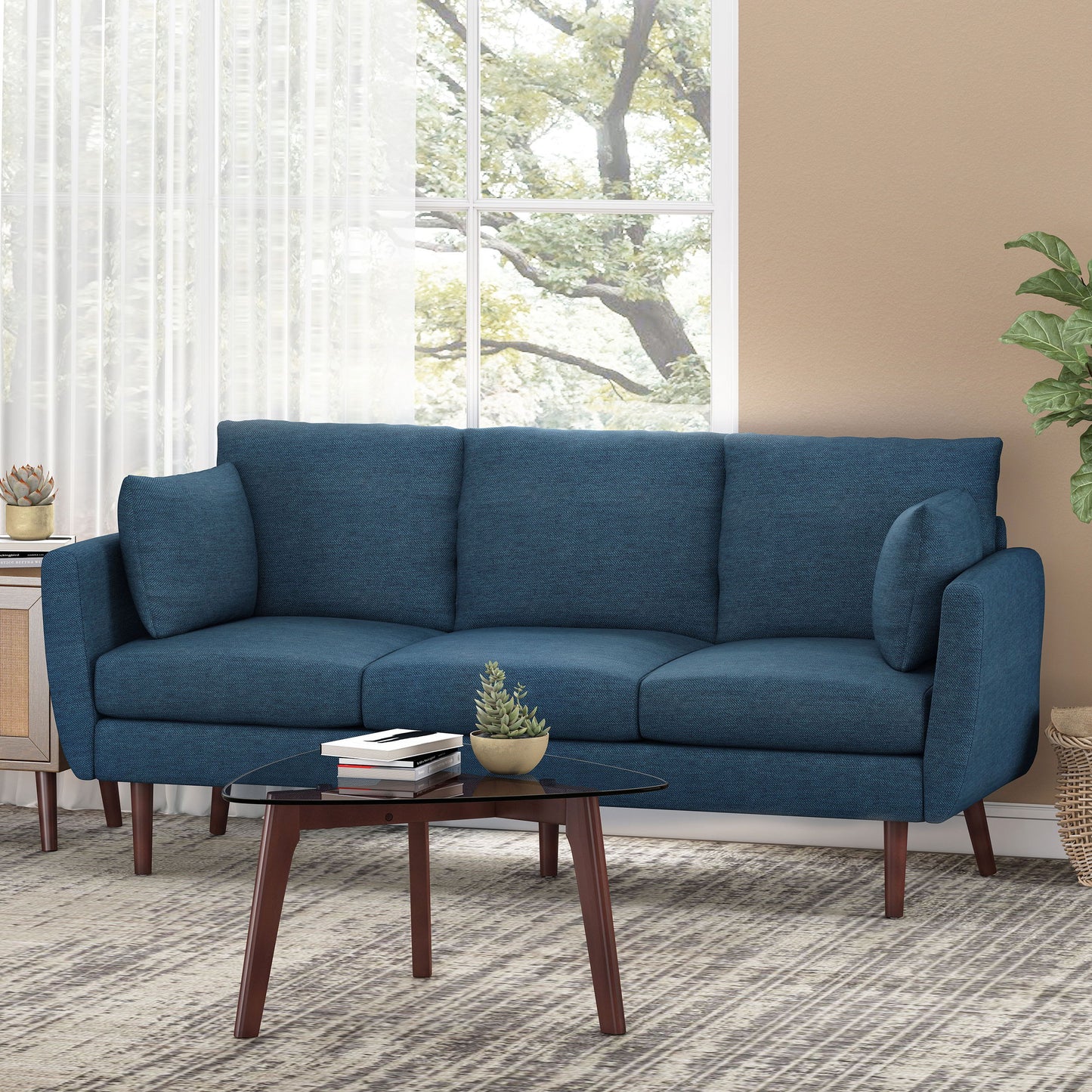 Diaphanous - Upholstered 3 Seater Sofa With 2 Accent Pillows And Wood Legs - Navy Blue