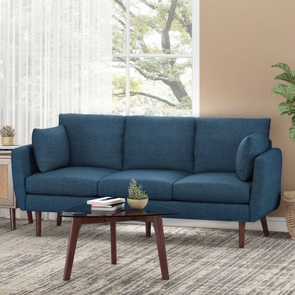 Diaphanous - Upholstered 3 Seater Sofa With 2 Accent Pillows And Wood Legs - Navy Blue