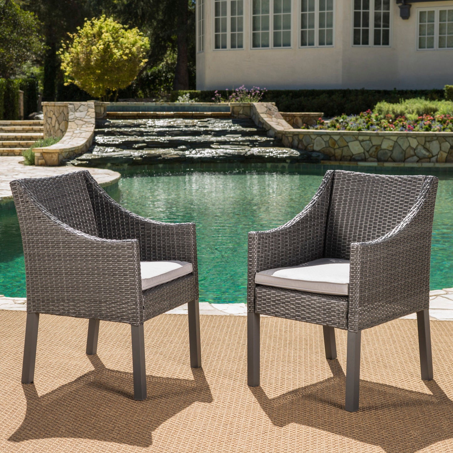 Outdoor Rattan Dining Chair With Straight Legs And Sloped Arms (Set of 2) - Gray / Silver
