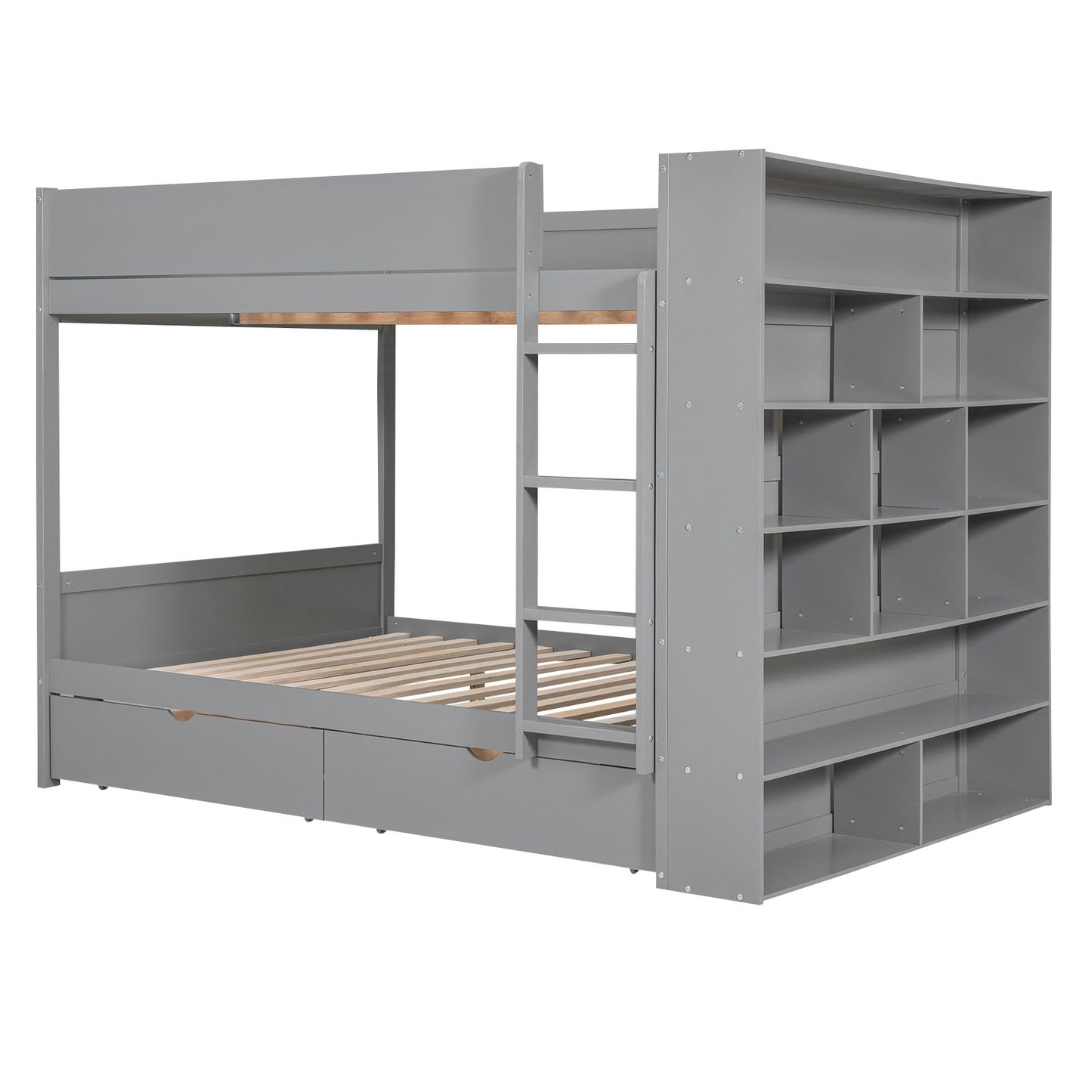 Full Over Full Bunk Bed With 2 Drawers And Multi-Layer Cabinet - Gray