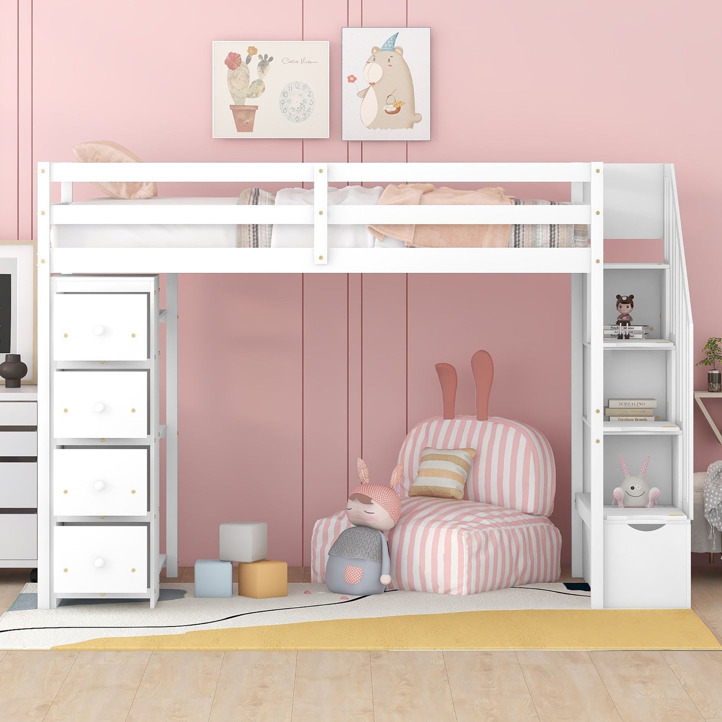 Twin Size Loft Bed With Storage Drawers And Stairs With Shelves - White
