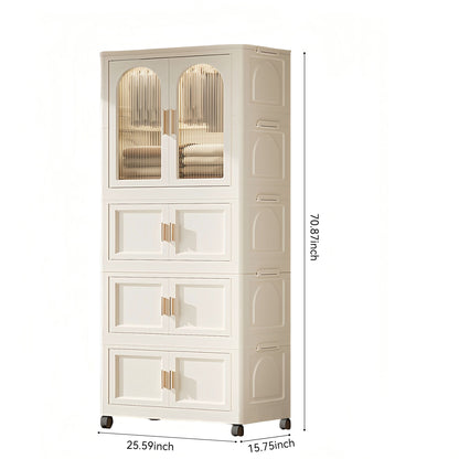 Folding Wardrobe Cabinet Wide White Plastic With Magnetic Doors, Wheels, And 10 Hangers - Cream White