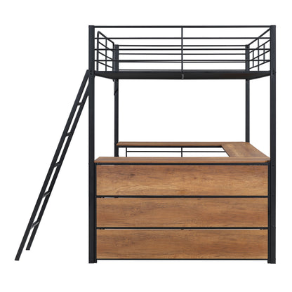 Full Size Loft Bed With 3 Layers Of Shelves And L-Shaped Desk - Black