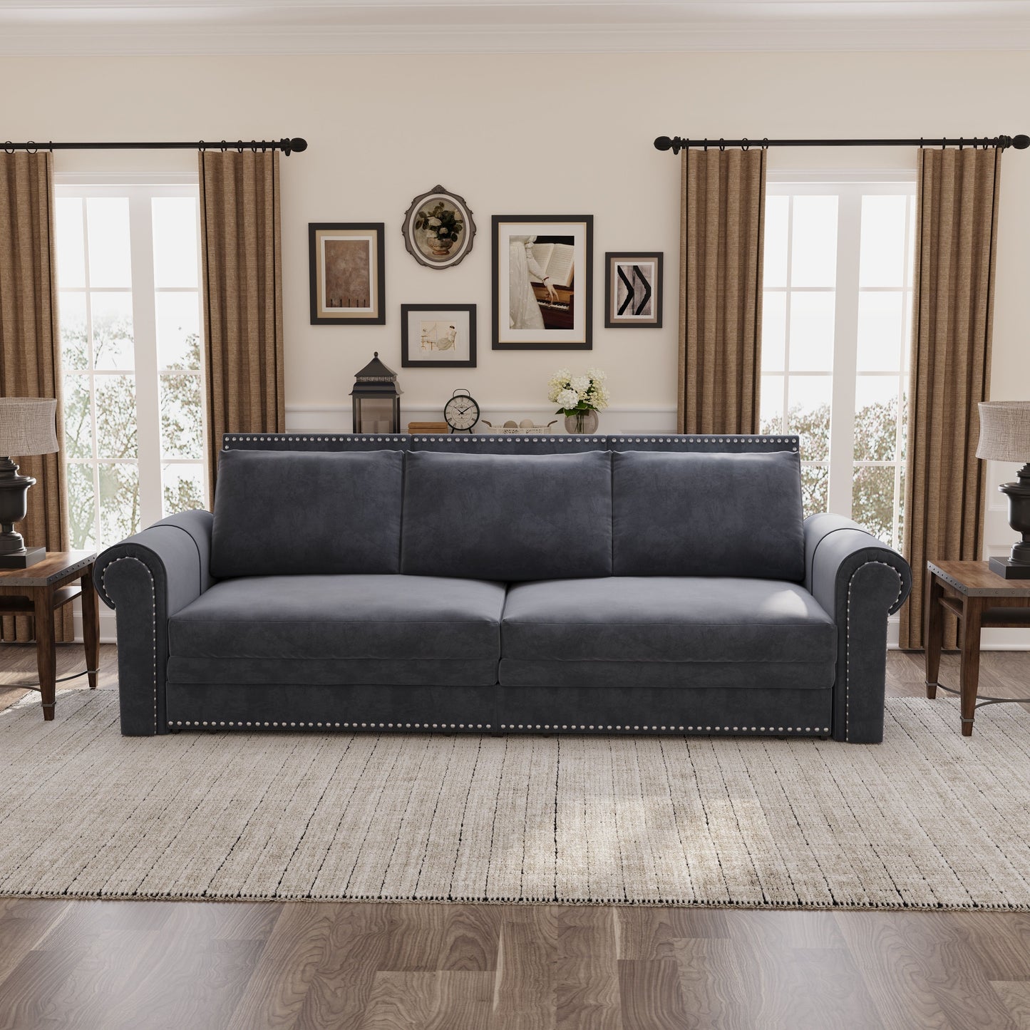 King Pull Out Sofa Bed, Chesterfield Sofa, 3 In 1 Velvet Convertible Sleeper Sofa With Nailhead Trim & Rolled Arm Multifunctional Sofa Bed For Living Room - Gray