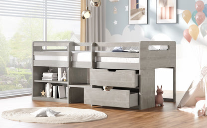 Twin Size Loft Bed With Two Shelves And Two Drawers - Antique Gray