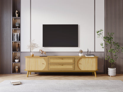 Rattan TV Stand For Tvs Up To 75'', Modern Farmhouse Media Console, Entertainment Center With Legs, TV Cabinet For Living Room, Home Theatre - Natural Wood