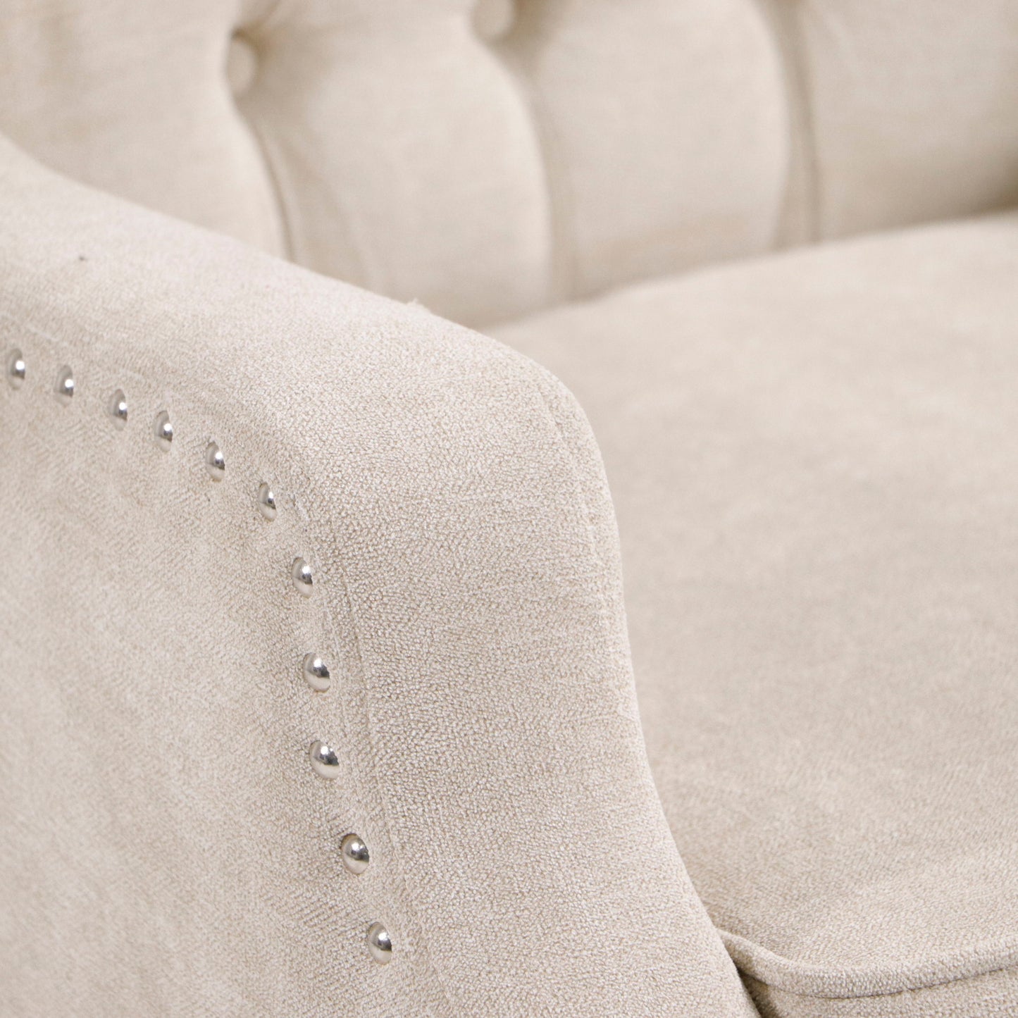 Accent Chair, Living Room Chair, Footrest Chair Set With Vintage Brass Studs, Button Tufted Upholstered Armchair For Living Room, Comfy Reading Chair For Bedroom, Reception Room - Beige