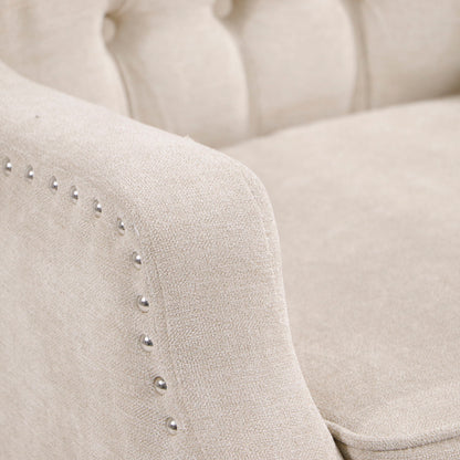 Accent Chair, Living Room Chair, Footrest Chair Set With Vintage Brass Studs, Button Tufted Upholstered Armchair For Living Room, Comfy Reading Chair For Bedroom, Reception Room - Beige