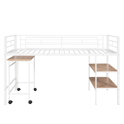 Twin Size Loft Bed With Desk And Shelves - White