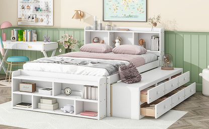 Full Bed With Bookcase Headboard, Under Bed Storage Drawers And Bed End Storage Case - White
