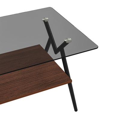 Rectangle Coffee Table With Tempered Glass Top And Brown MDF Shelf, Modern Table For Living Room - Gray