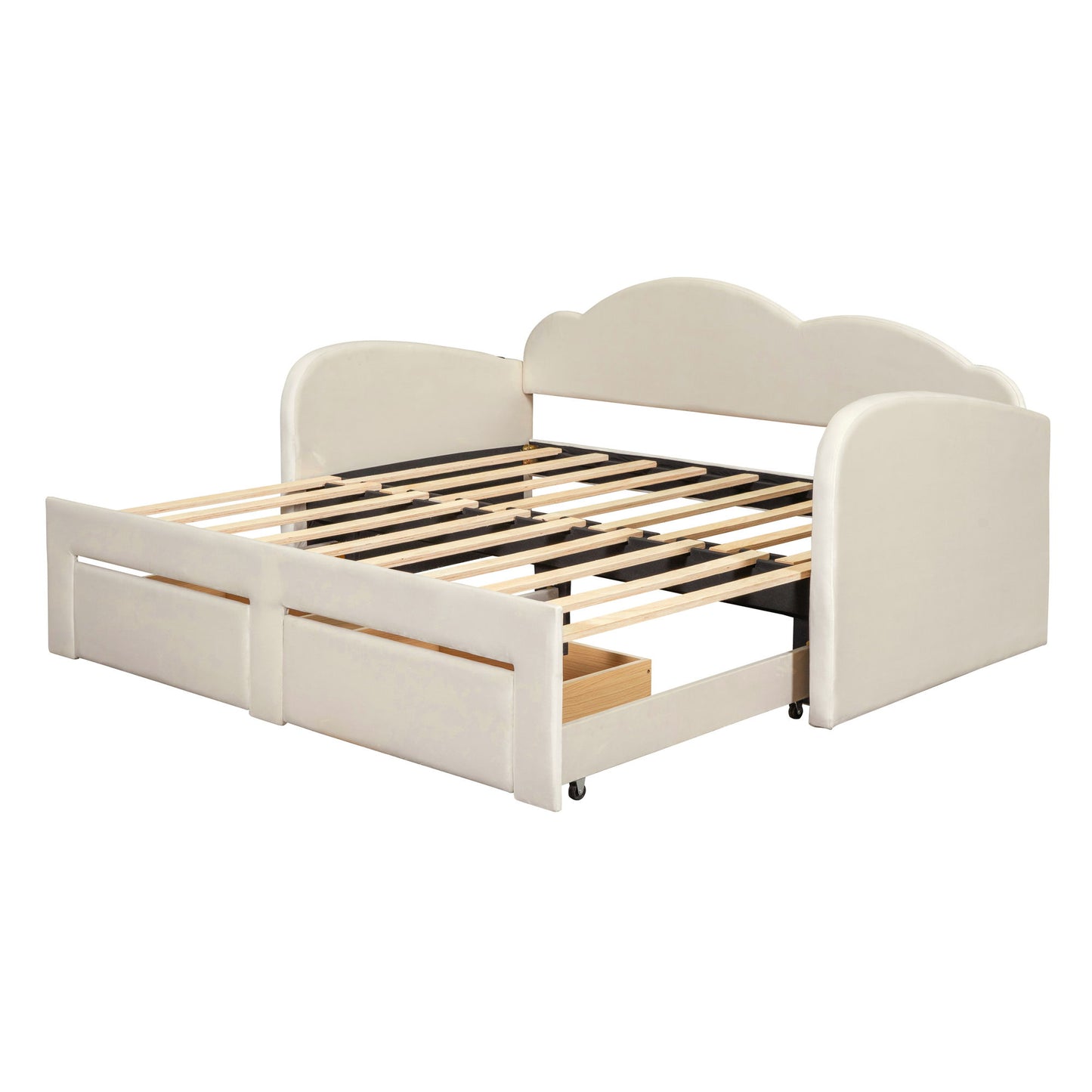 Twin Size Upholstered Daybed With Cloud-Shaped Backrest, Trundle & 2 Drawers And USB Ports - Beige