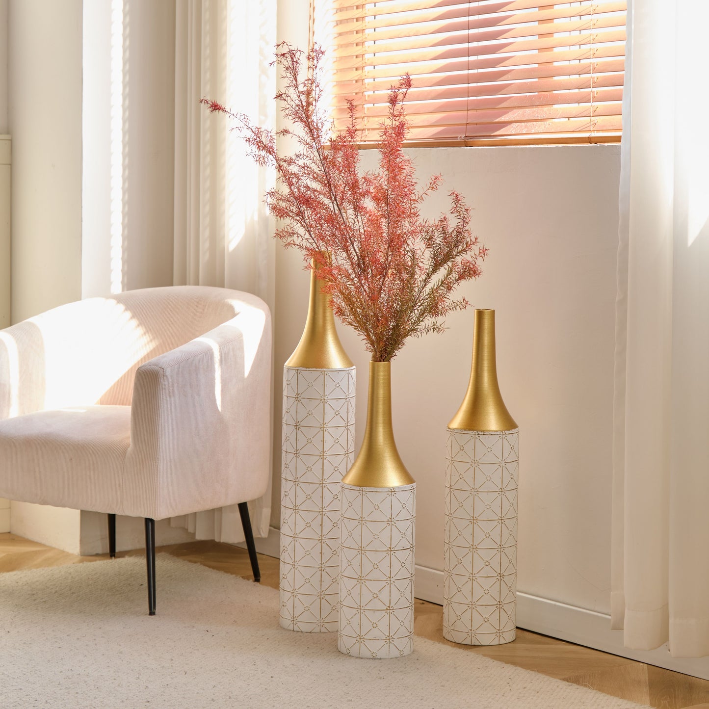 Floor Metal Vases Decorated White Metal Vases (Set of 3) Gorgeous Home Decoration Large Glazed Metal Vases - White / Gold