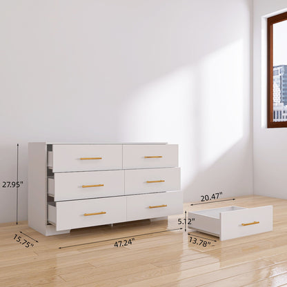 Large 6 Drawers Chest Of Drawer Dressers Table With Golden Handle - White