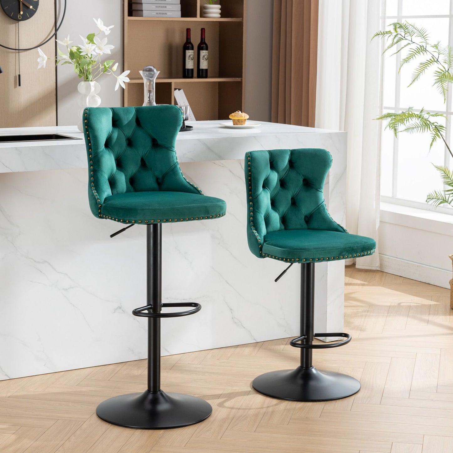Swivel Velvet Barstools Adjusatble Seat Height, Modern Upholstered Bar Stools With Backs Comfortable Tufted For Home Pub And Kitchen Island (Set of 2) - Green