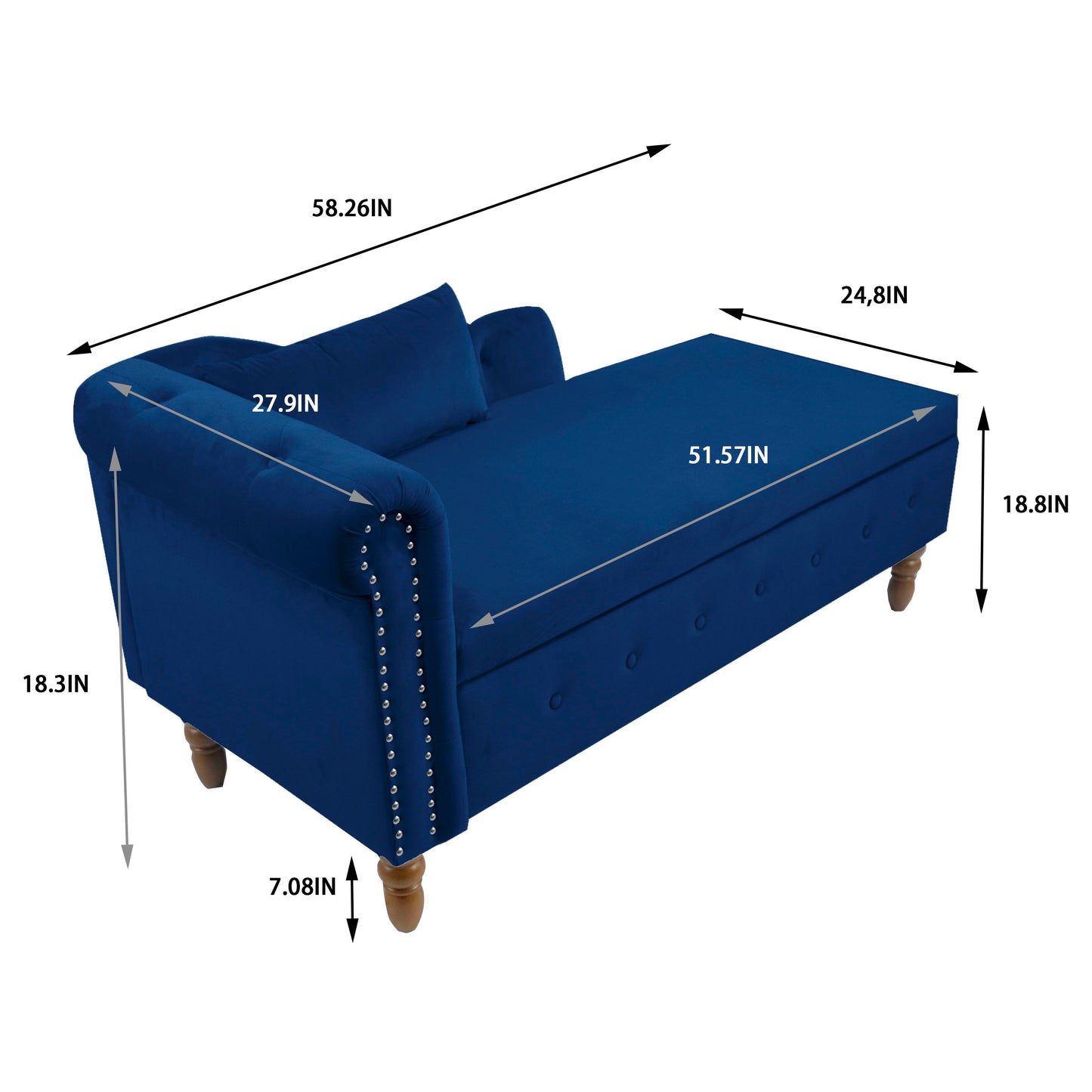 Chaise Lounge Indoor, Velvet Lounge Chair For Bedroom With Storage & Pillow, Modern Upholstered Rolled Arm Chase Lounge For Sleeping With Nailhead Trim For Living Room Bedroom Office - Navy Blue