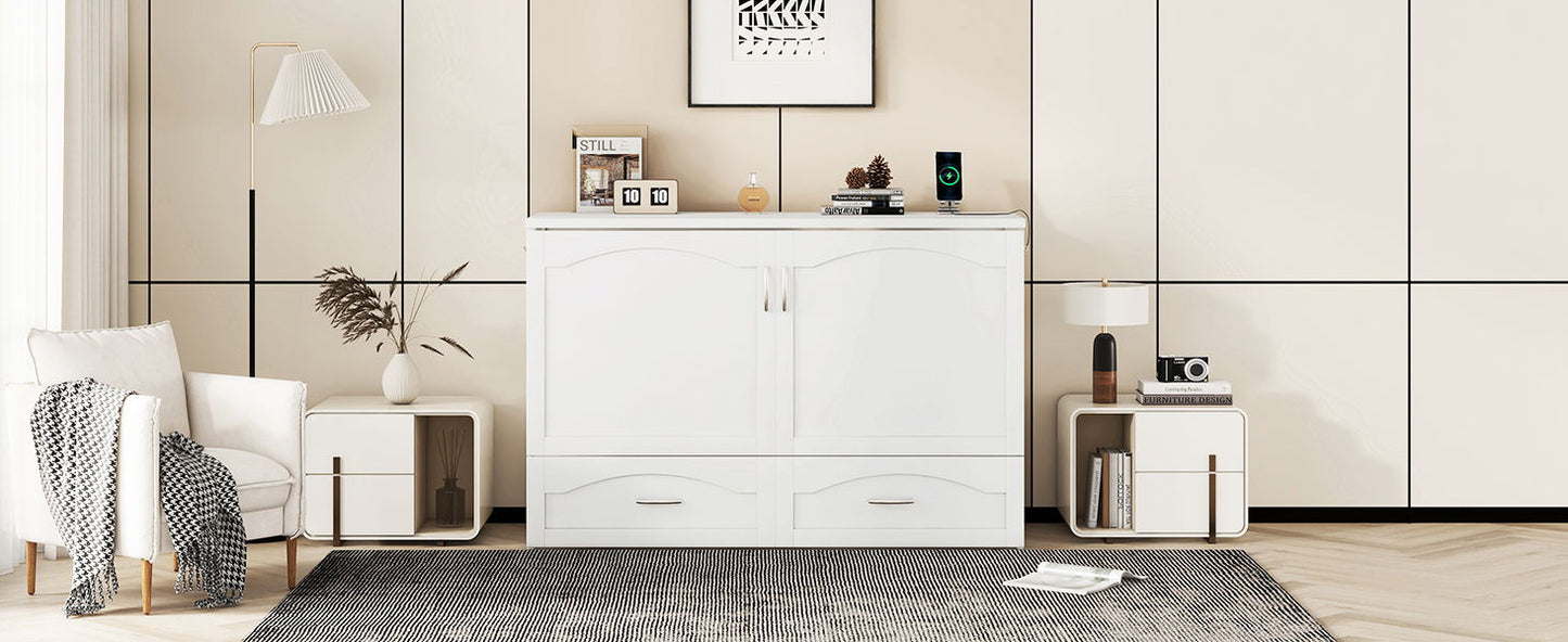 Queen Size Murphy Wall Bed With Drawer And A Set Of Sockets & USB Ports, Pulley Structure Design - White