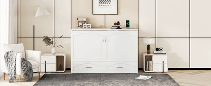 Queen Size Murphy Wall Bed With Drawer And A Set Of Sockets & USB Ports, Pulley Structure Design - White