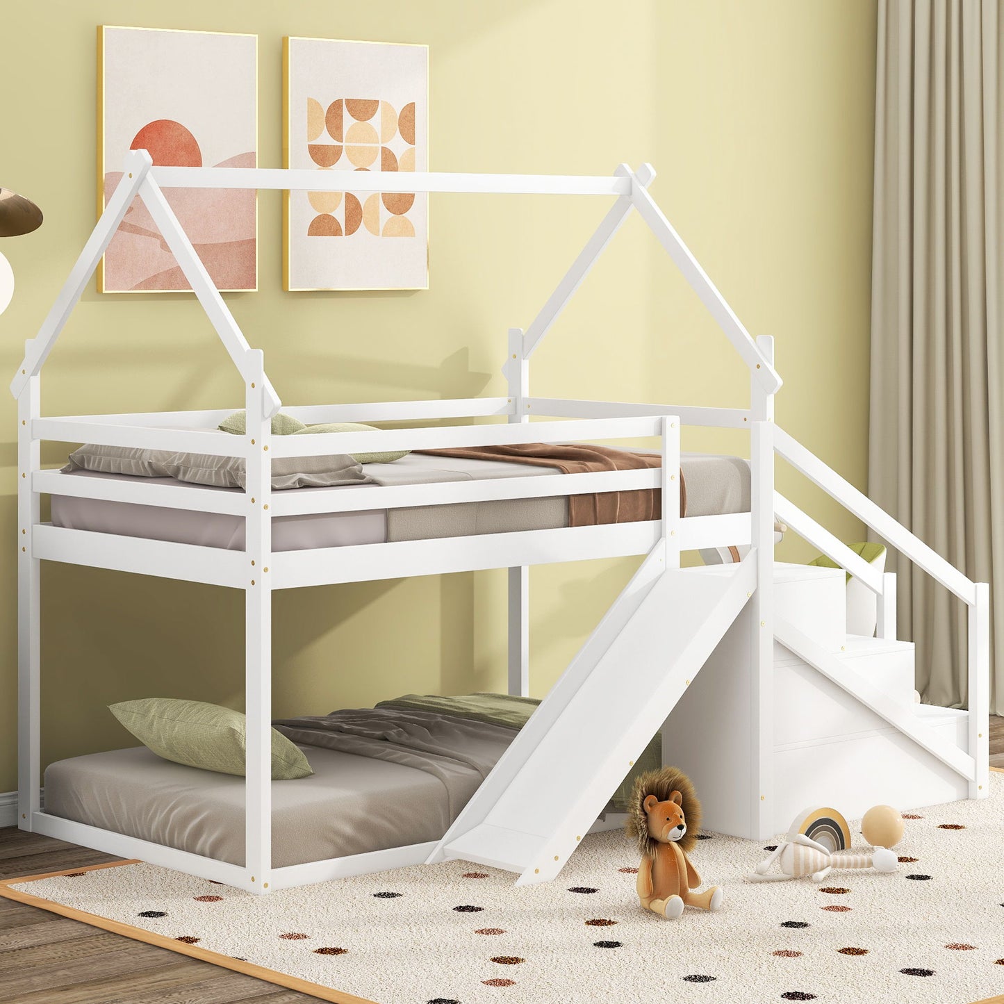 Twin Over Twin House Loft Or Bunk Bed With Slide And Staircase - White