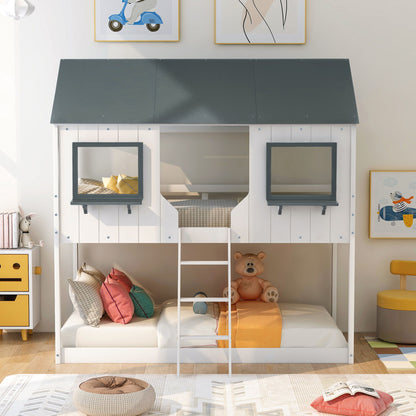 Twin Over Twin Bunk Bed Bed With Roof, Window, Guardrail, Ladder - White