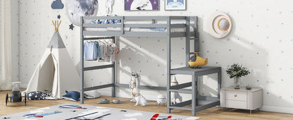 Twin Size High Loft Bed With Ladder Landing Platform, Ladders, Guardrails - Gray