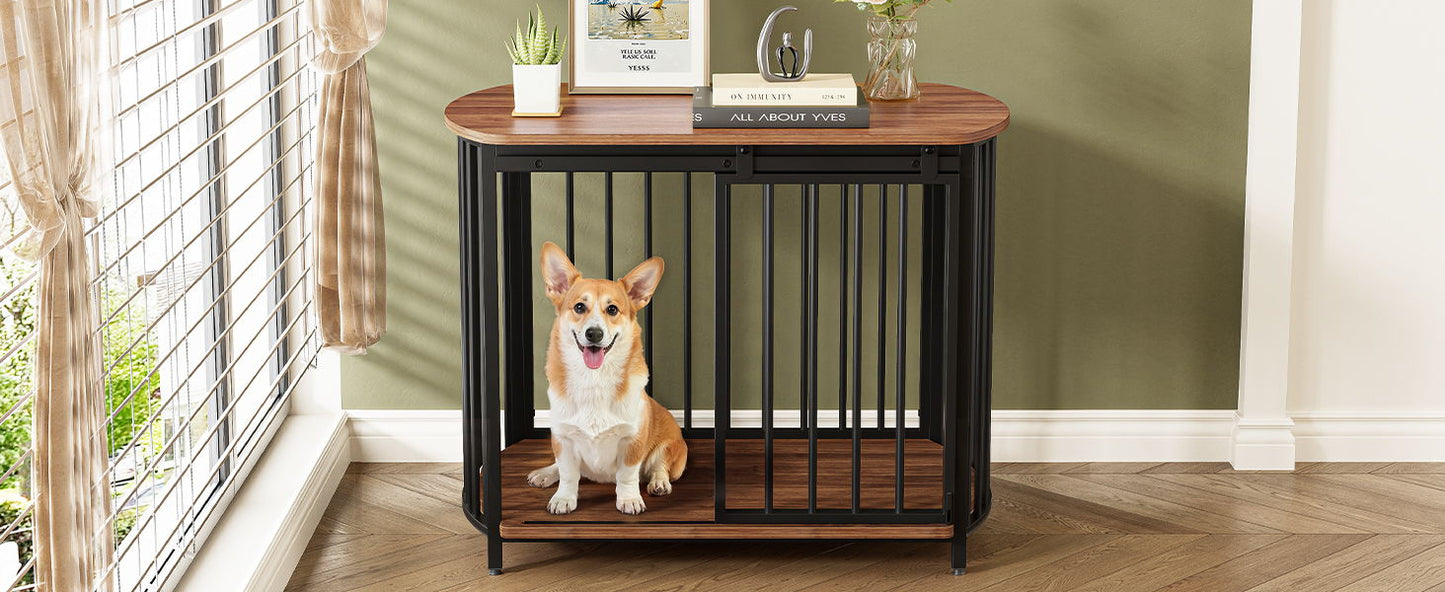 Furniture Style Dog Crate For Small And Medium Dogs, Wooden Cage Indoor Kennel Furniture, Modern Dog Crate End Table With Double Doors - Brown