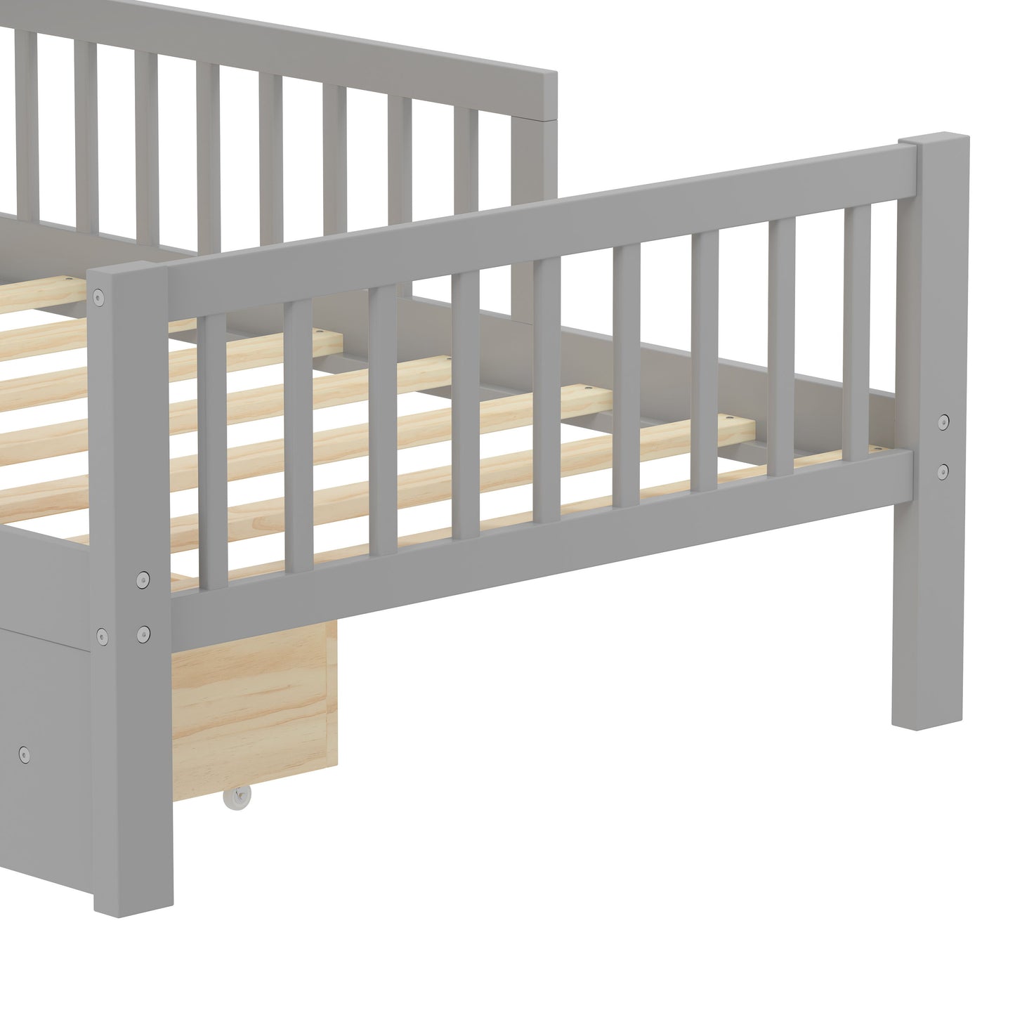 Twin Size Bed With Headboard Storage Rack, 2 Under Bed Drawers, 3 - Side Guardrails For Safety And Security - Gray