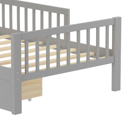 Twin Size Bed With Headboard Storage Rack, 2 Under Bed Drawers, 3 - Side Guardrails For Safety And Security - Gray