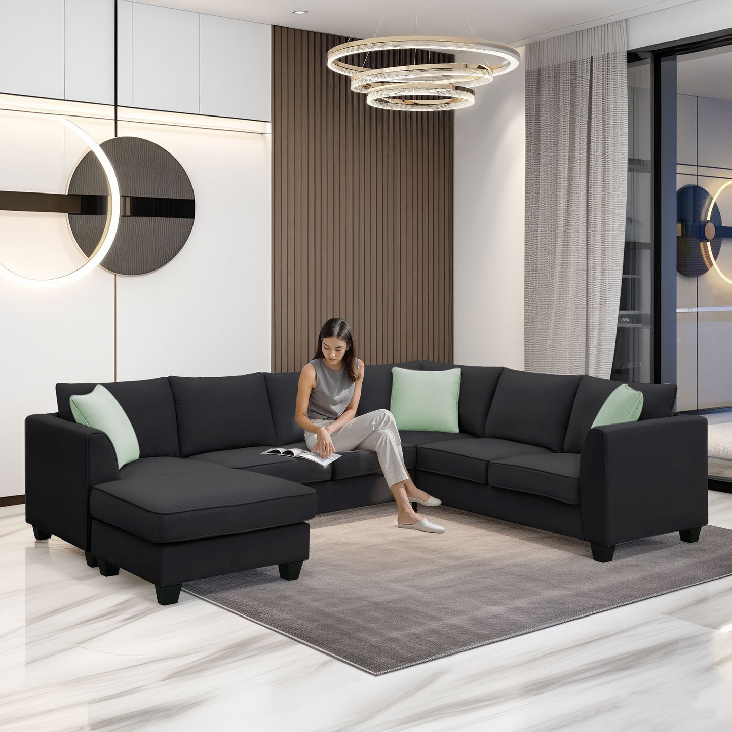 Sectional Sofa Couches Living Room Sets, 7 Seats Modular Sectional Sofa With Ottoman, L Shape Fabric Sofa Corner Couch Set With 3 Pillows - Black